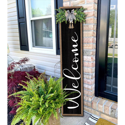 Surfapans welcome sign for front porch in wood black, high visibility exterior decor