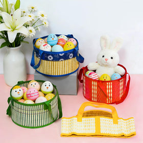 Surgifuly Easter basket yellow with handle foldable for compact storage after use.