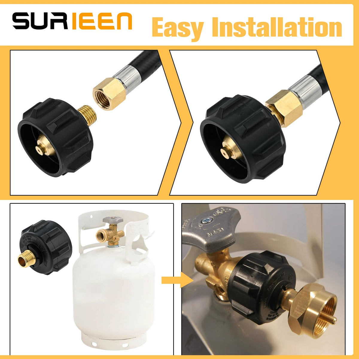 SURIEEN brass adapter supports LP and natural gas configurations.