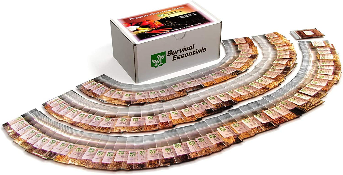 Survival Essentials 100-variety non-GMO seed selection for edible fruits and vegetables.
