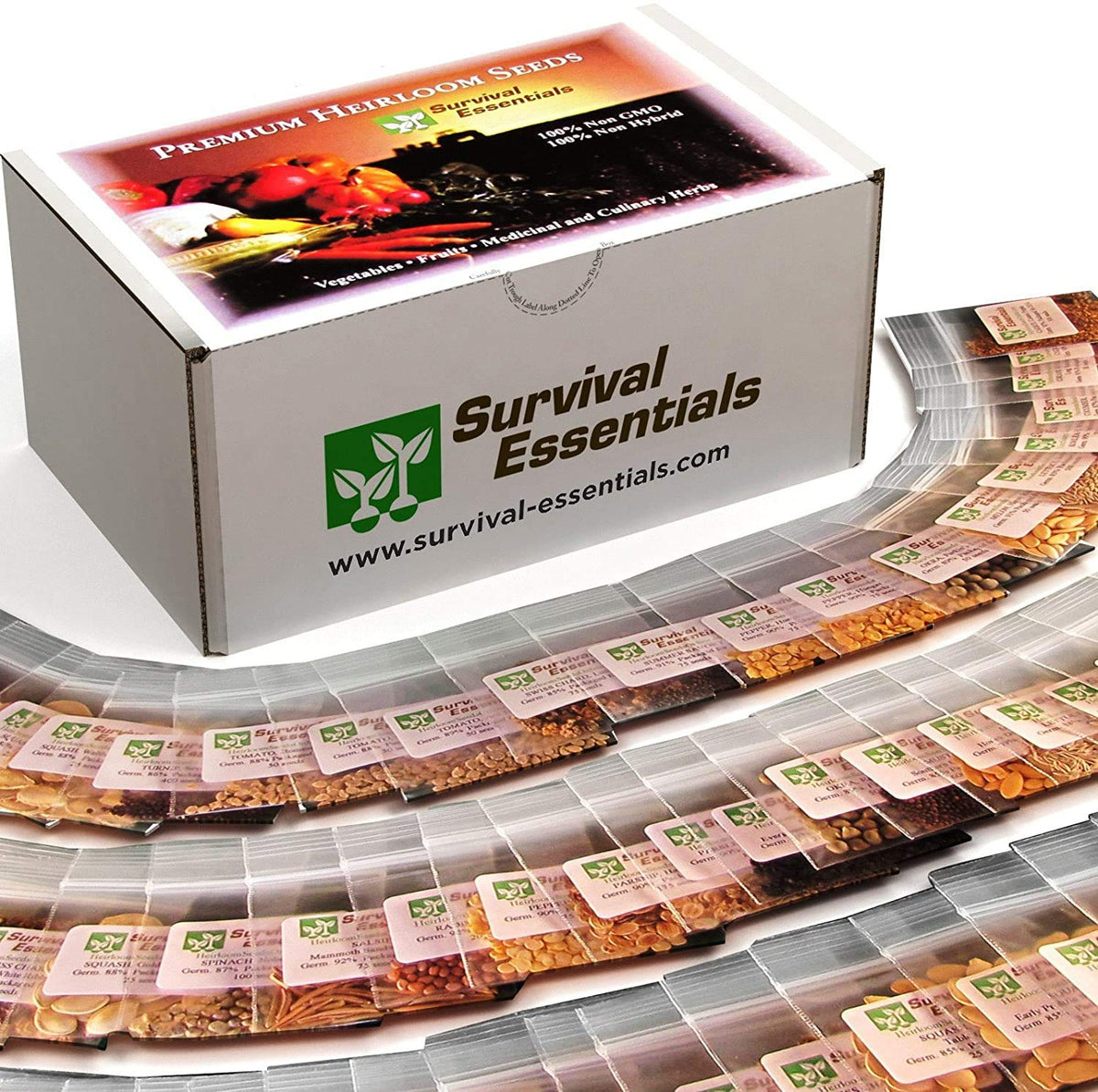 Survival Essentials seed vault with 100 varieties ready for backyard planting.