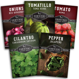 SURVIVAL GARDEN SEEDS 5-Variety Salsa Kit front packaging for home salsa gardening