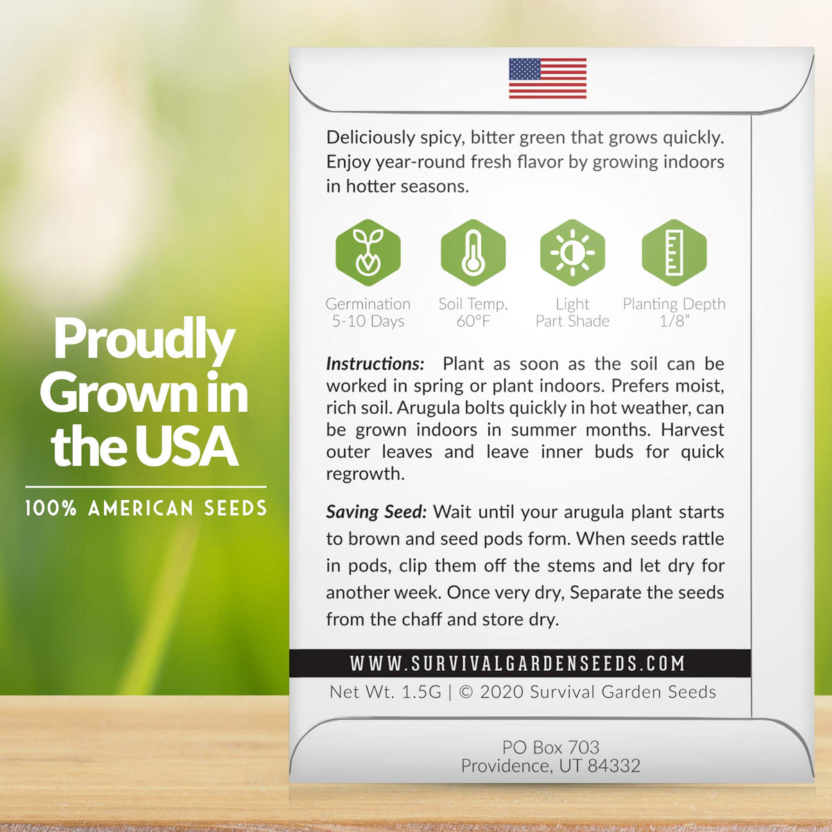 Survival Garden Seeds arugula indoor planting demonstrates compact growth for fresh harvest.