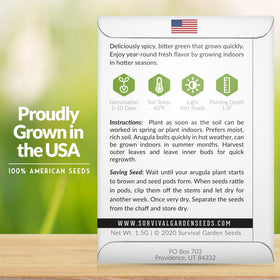 Survival Garden Seeds arugula indoor planting demonstrates compact growth for fresh harvest.