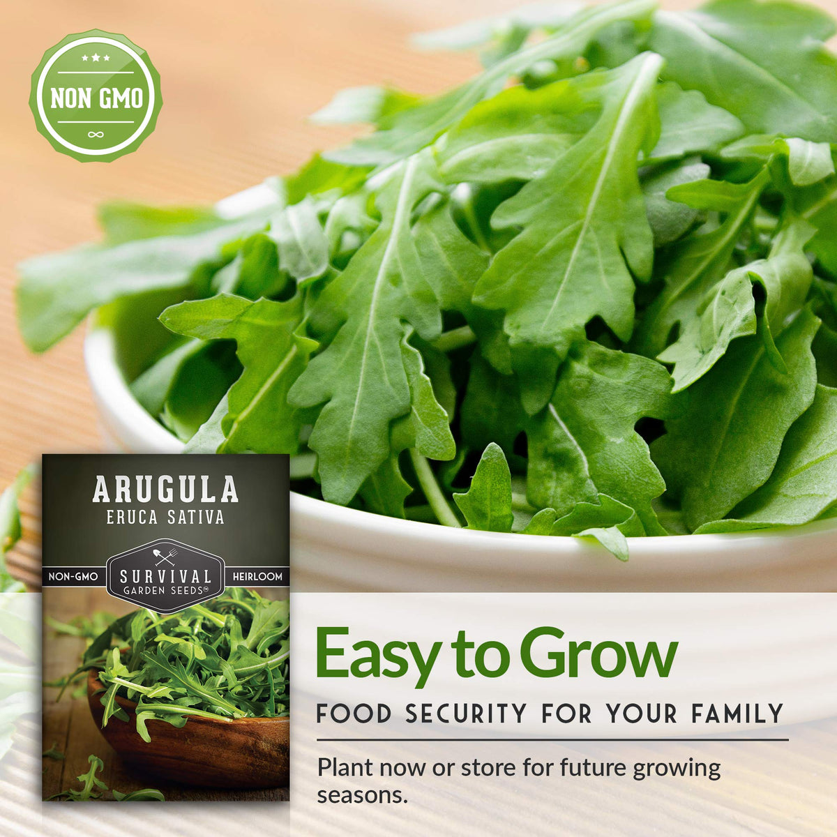 Survival Garden Seeds arugula paper packet with growing guide for beginners.