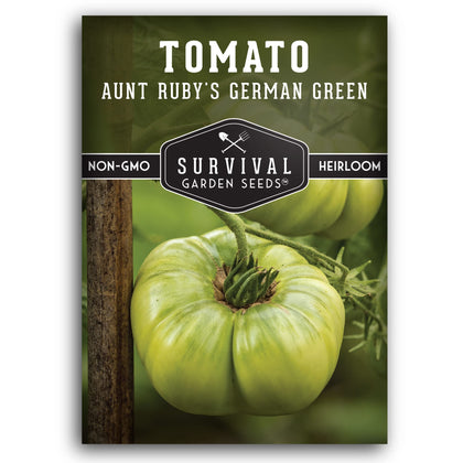 Survival Garden Seeds Aunt Ruby's German Green tomatoes on the vine for a lush, high-yield harvest.
