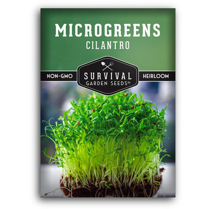Survival Garden Seeds cilantro microgreen seeds pack for rapid indoor planting and fresh garnish.