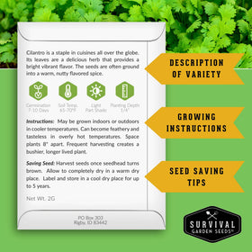 Cilantro grows quickly in pots with SURVIVAL GARDEN SEEDS.