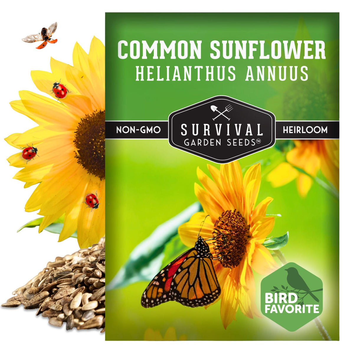 Survival Garden Seeds common sunflower attracting birds magnet display