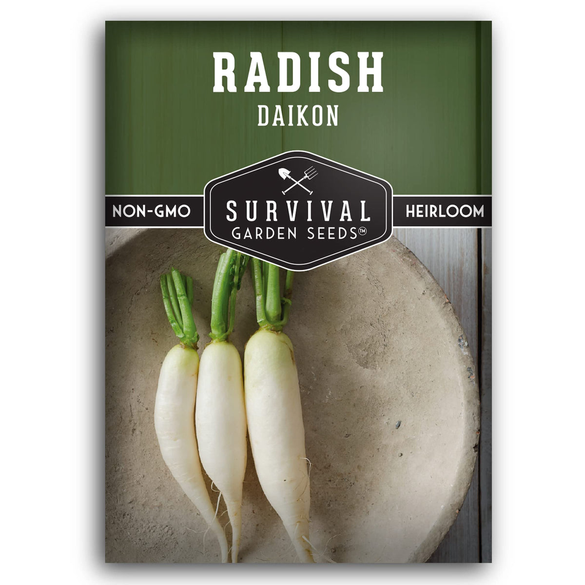 SURVIVAL GARDEN SEEDS Daikon seed packet ready for easy spring planting.