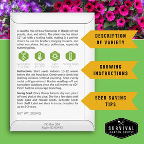 Dwarf Petunia bloom closeup from Survival Garden Seeds showing red, purple, blue, white hues.
