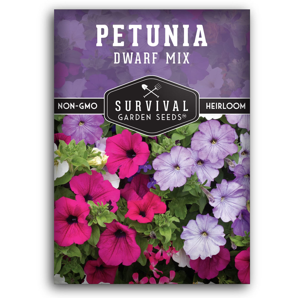 Survival Garden Seeds Dwarf Petunia Seed Mix packet with growing tips for beginners.