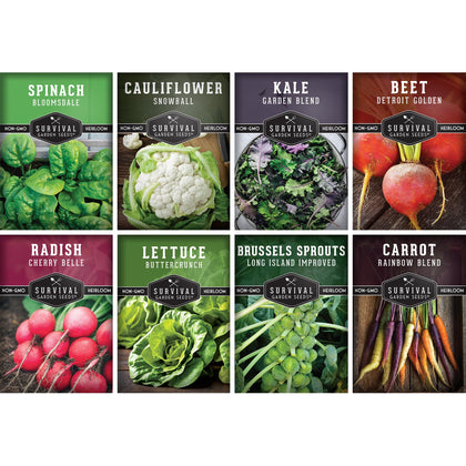 SURVIVAL GARDEN SEEDS Fall-Winter collection pack front for resilient cool-season harvests.