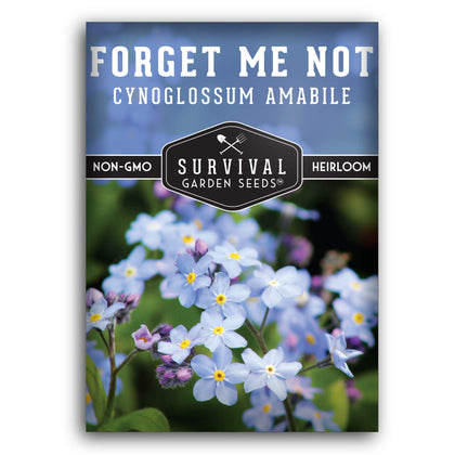 SURVIVAL GARDEN SEEDS Forget Me Not seed close-up reveals vibrant blue blooms for pollinators.