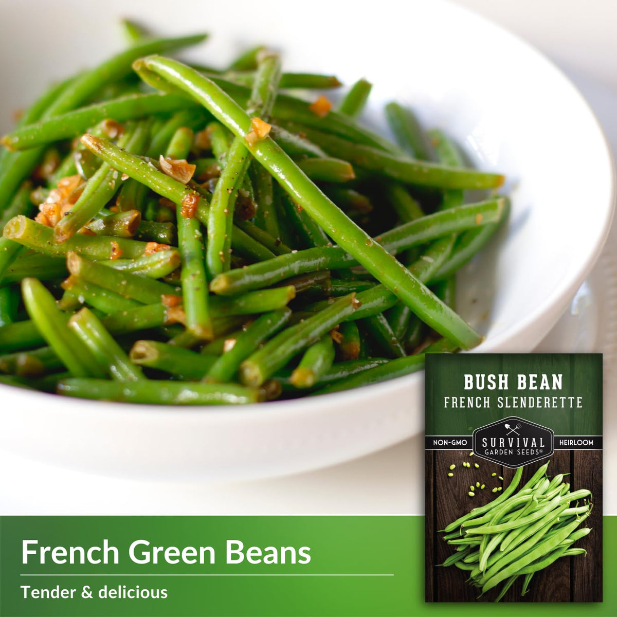SURVIVAL GARDEN SEEDS Haricot Vert bush bean plants with slender pods for quick cooking.