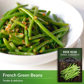 SURVIVAL GARDEN SEEDS Haricot Vert bush bean plants with slender pods for quick cooking.