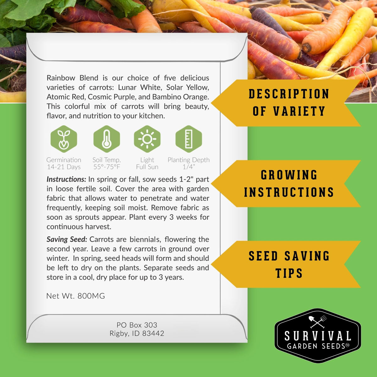 SURVIVAL GARDEN SEEDS heirloom seed packets display with diverse flavors.