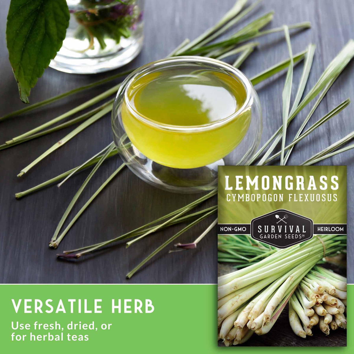 Survival Garden Seeds lemongrass herb ready for tea and aroma in kitchens