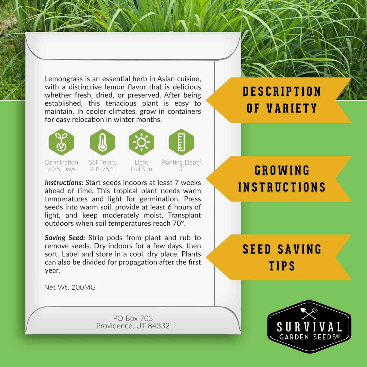 Survival Garden Seeds lemongrass seeds grown indoors for reliable herb supply