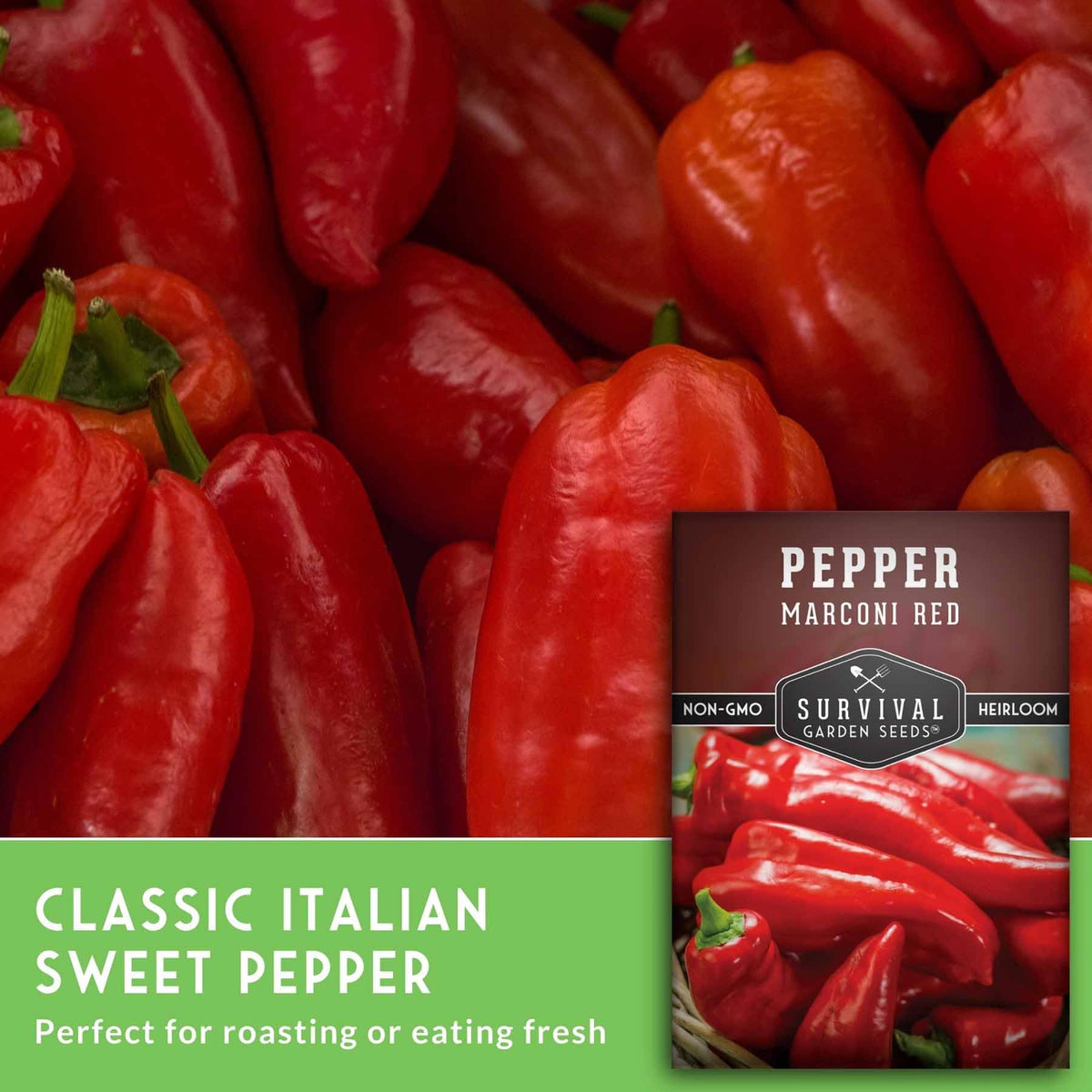 SURVIVAL GARDEN SEEDS Marconi pepper fruit close-up shows thin skin and vibrant color