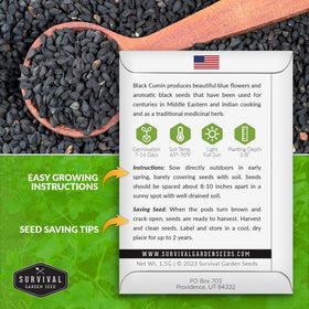 SURVIVAL GARDEN SEEDS Nigella sativa blue flowers attract pollinators in borders.