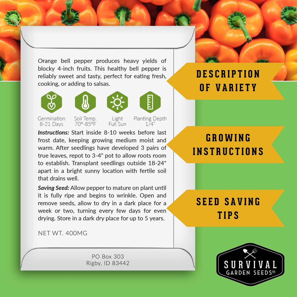SURVIVAL GARDEN SEEDS orange bell pepper plant with compact growth for containers.