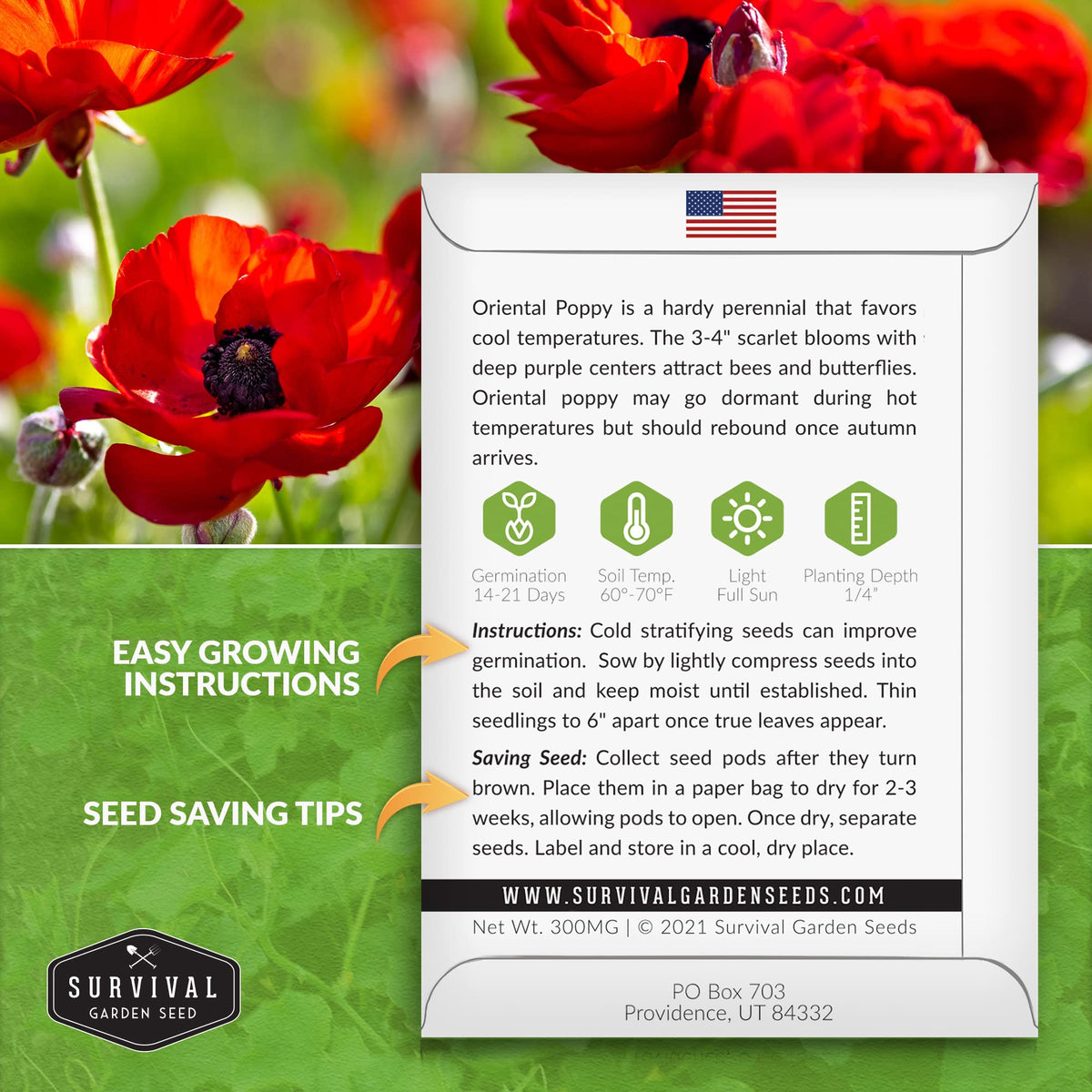 Survival Garden Seeds red-petaled poppies with dark centers create focal points.
