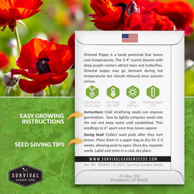 Survival Garden Seeds red-petaled poppies with dark centers create focal points.