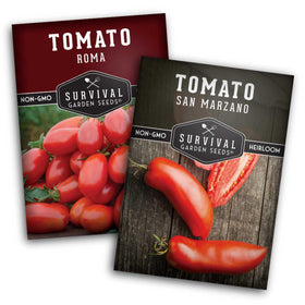 Survival Garden Seeds paste tomato Roma ripe fruit on the vine, ideal for rich sauces.