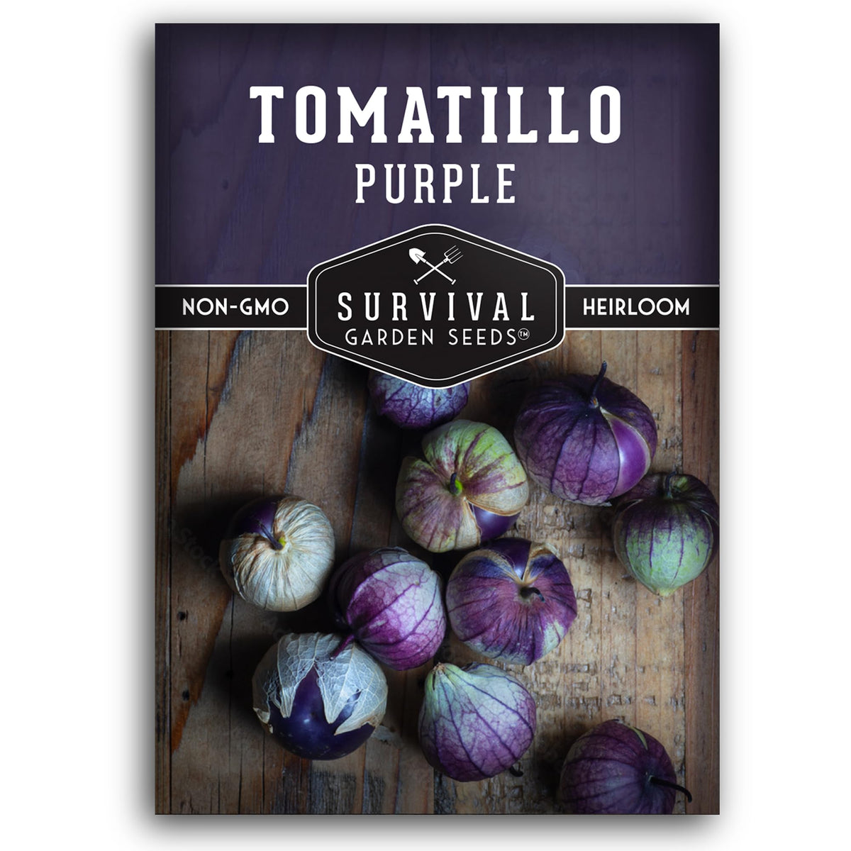 SURVIVAL GARDEN SEEDS purple tomatillo husk fruit closeup for vibrant salsa verde