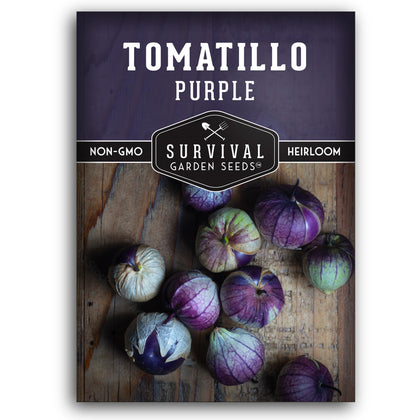 SURVIVAL GARDEN SEEDS purple tomatillo husk fruit closeup for vibrant salsa verde