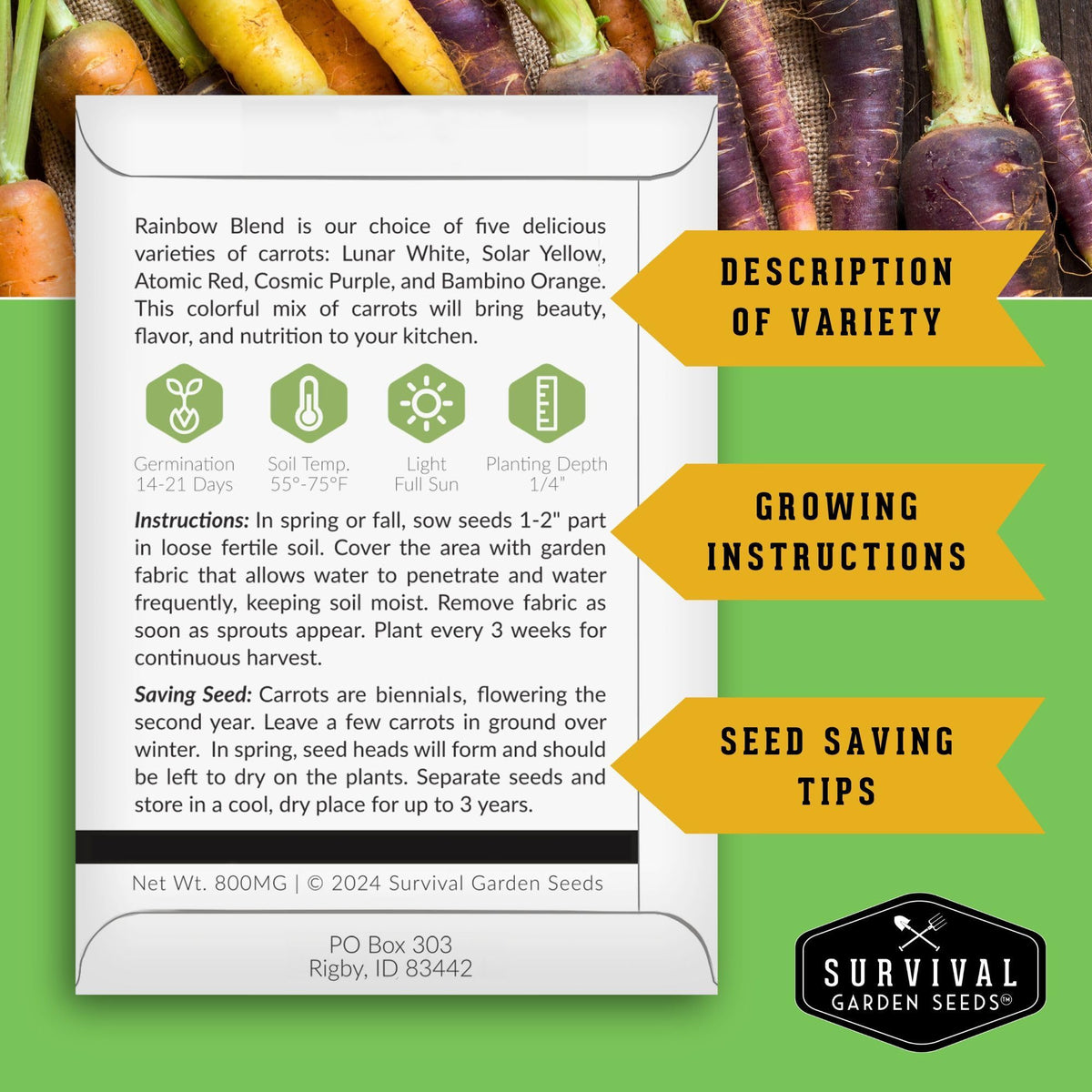 SURVIVAL GARDEN SEEDS Rainbow Carrot Seeds – yellow carrots add sunny color to meals.