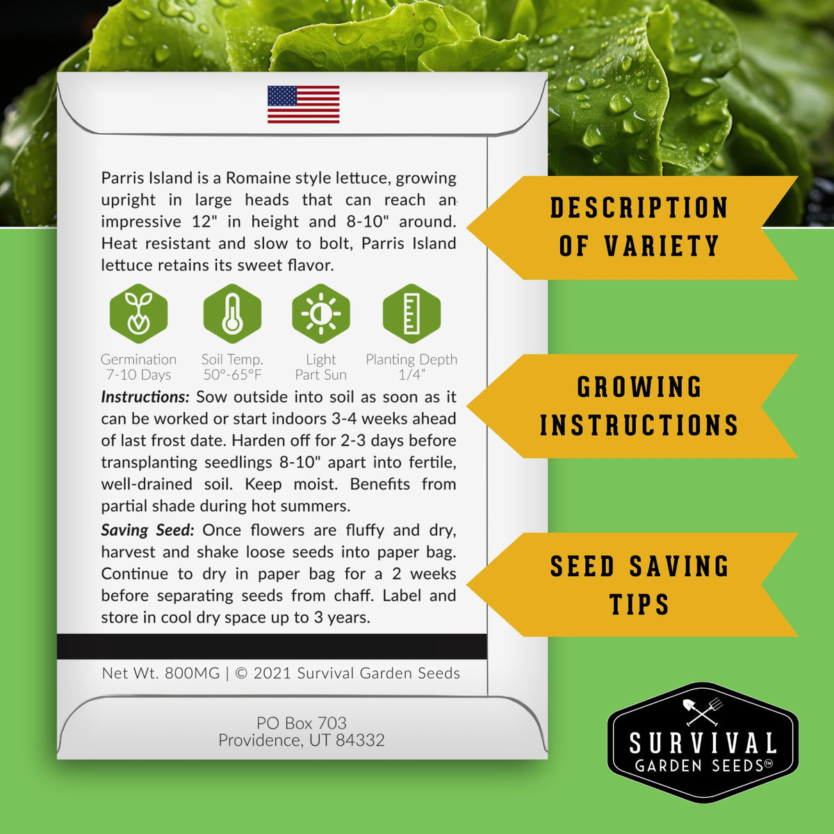 Survival Garden Seeds romaine lettuce tender hearts ideal for hearty Caesar salads.