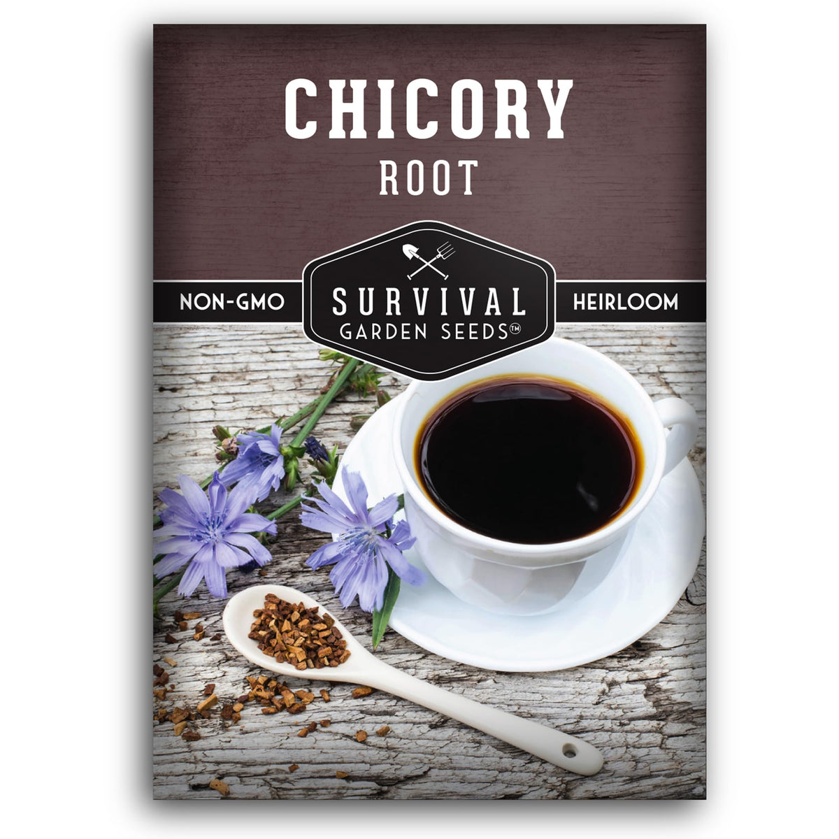 Survival Garden Seeds Root Chicory seed packet with planting instructions.