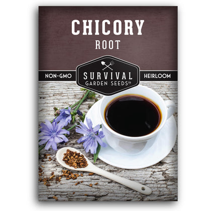 Survival Garden Seeds Root Chicory seed packet with planting instructions.