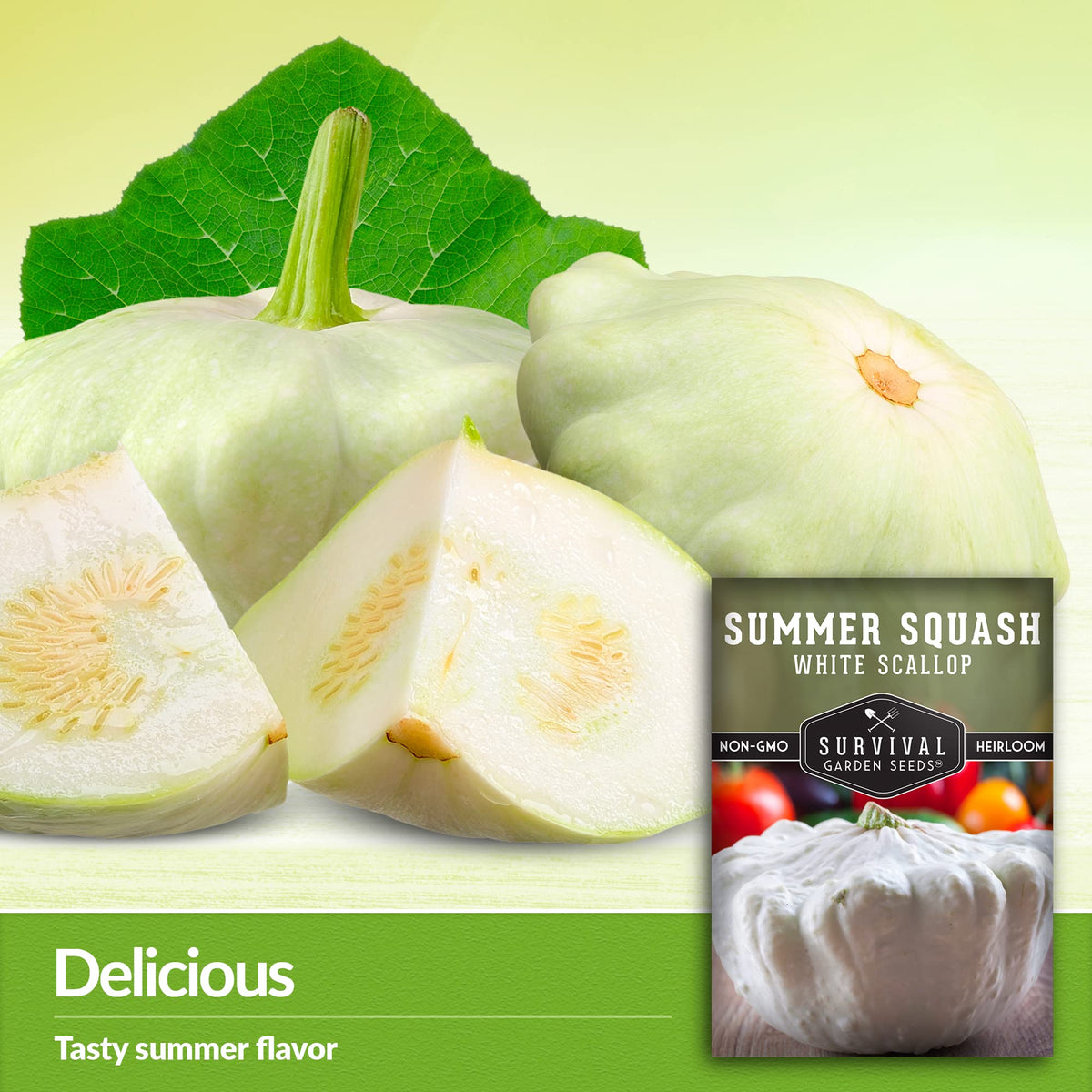 Survival Garden Seeds scalloped fruit close-up displaying distinctive white discs.