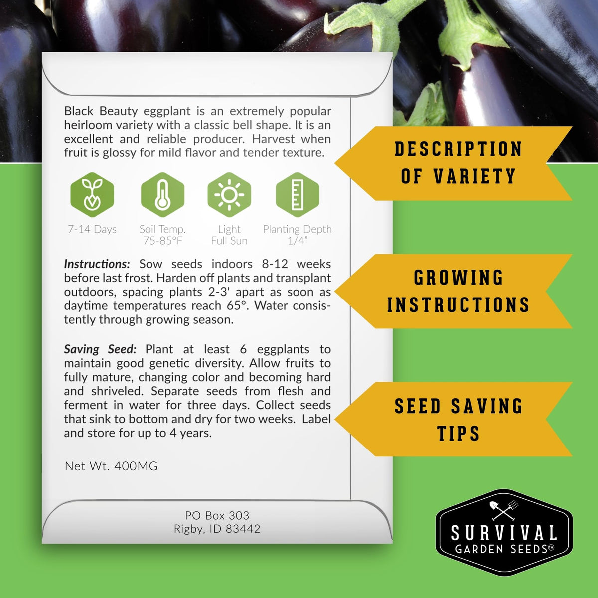 Survival Garden Seeds seed packet and growing instructions for gardeners