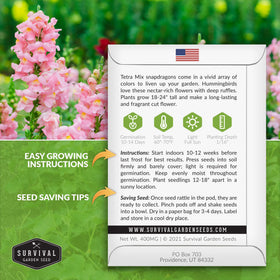 SURVIVAL GARDEN SEEDS Snapdragon Tetra Mix blooms across a colorful garden bed