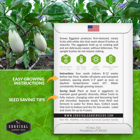 Front view of Snowy Eggplant seed packet, SURVIVAL GARDEN SEEDS, showcasing non-GMO heirloom seeds.