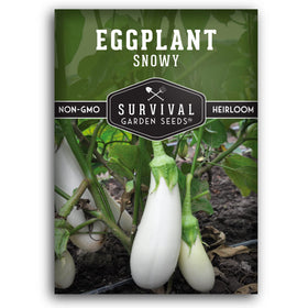 Snowy Eggplant seed packet in hand, SURVIVAL GARDEN SEEDS, ready for home garden planting.