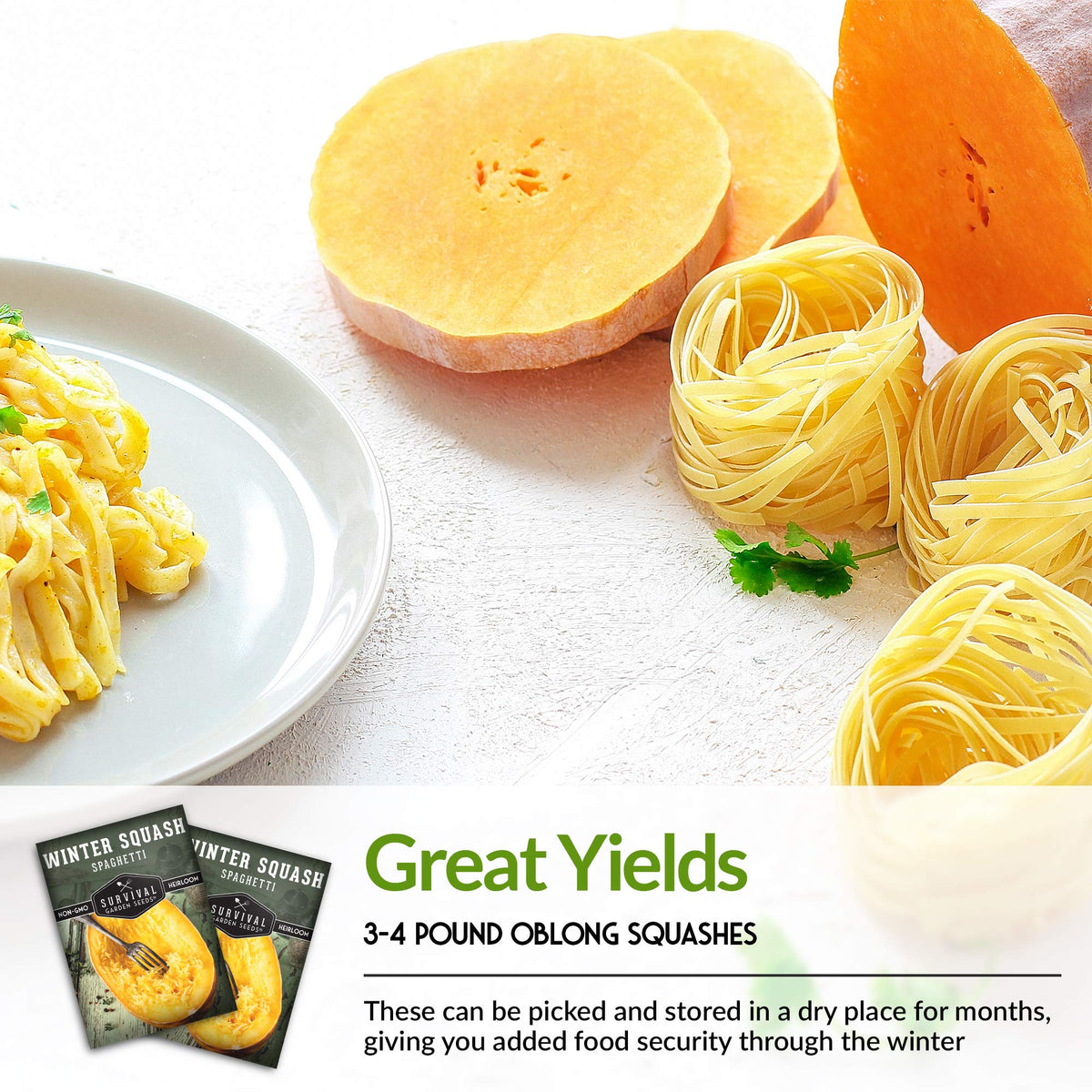 SURVIVAL GARDEN SEEDS spaghetti squash flesh separated into noodle-like strands.
