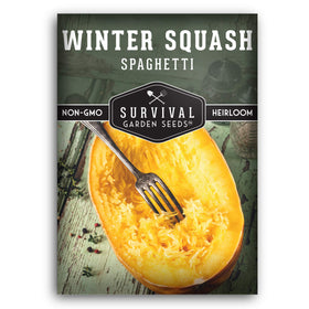 SURVIVAL GARDEN SEEDS spaghetti squash seeds pack on table, ideal for home garden planting and high yields.
