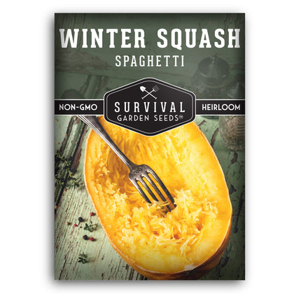 SURVIVAL GARDEN SEEDS spaghetti squash seeds pack on table, ideal for home garden planting and high yields.