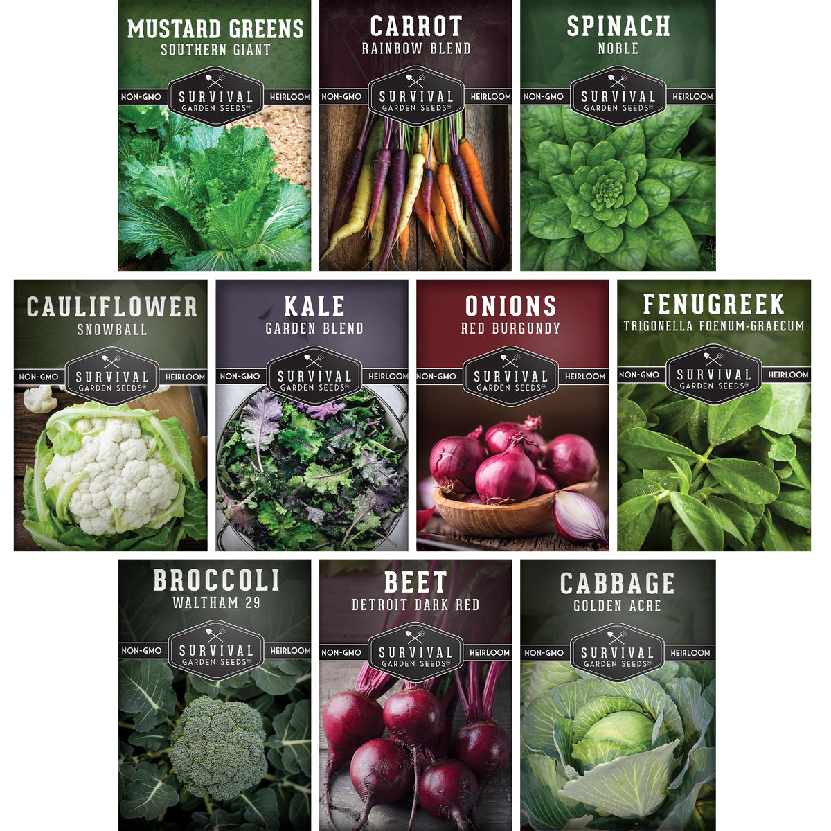 SURVIVAL GARDEN SEEDS packaging showcasing heirloom seeds for spring planting.