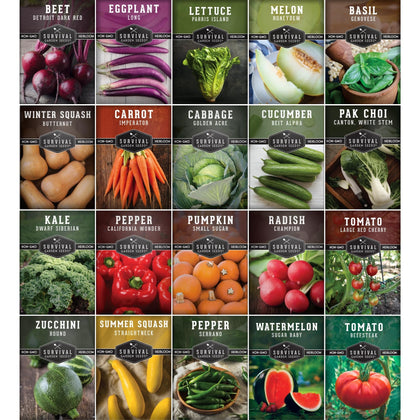 SURVIVAL GARDEN SEEDS starter kit packets showing 20 heirloom varieties for versatile home gardening