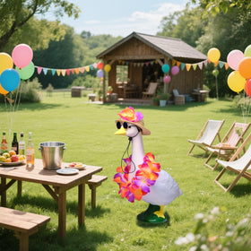 Susuling Hawaiian goose sunglasses complete a sunny, playful lawn look.