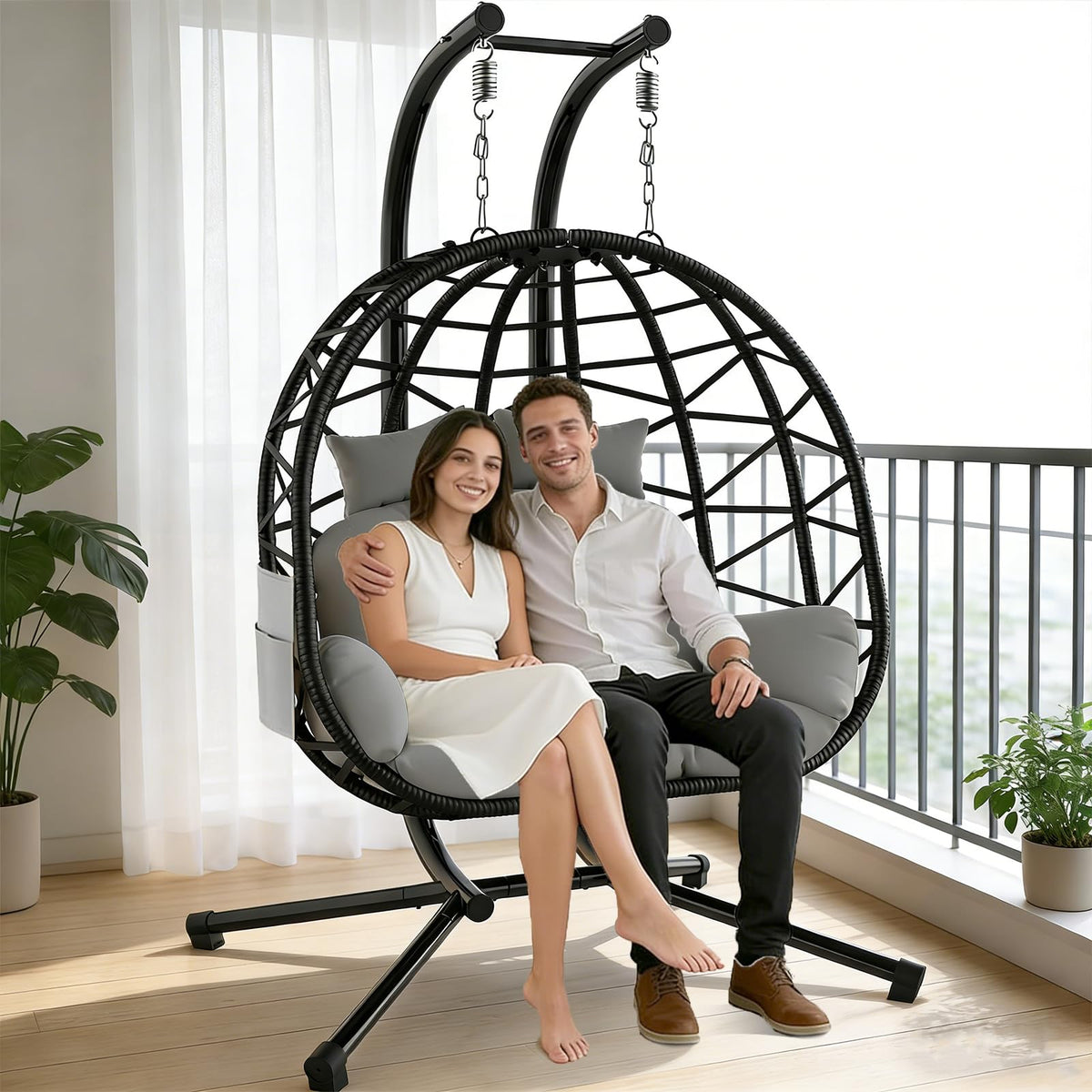 Suteck double hanging egg chair with stand outdoors for two-person lounging