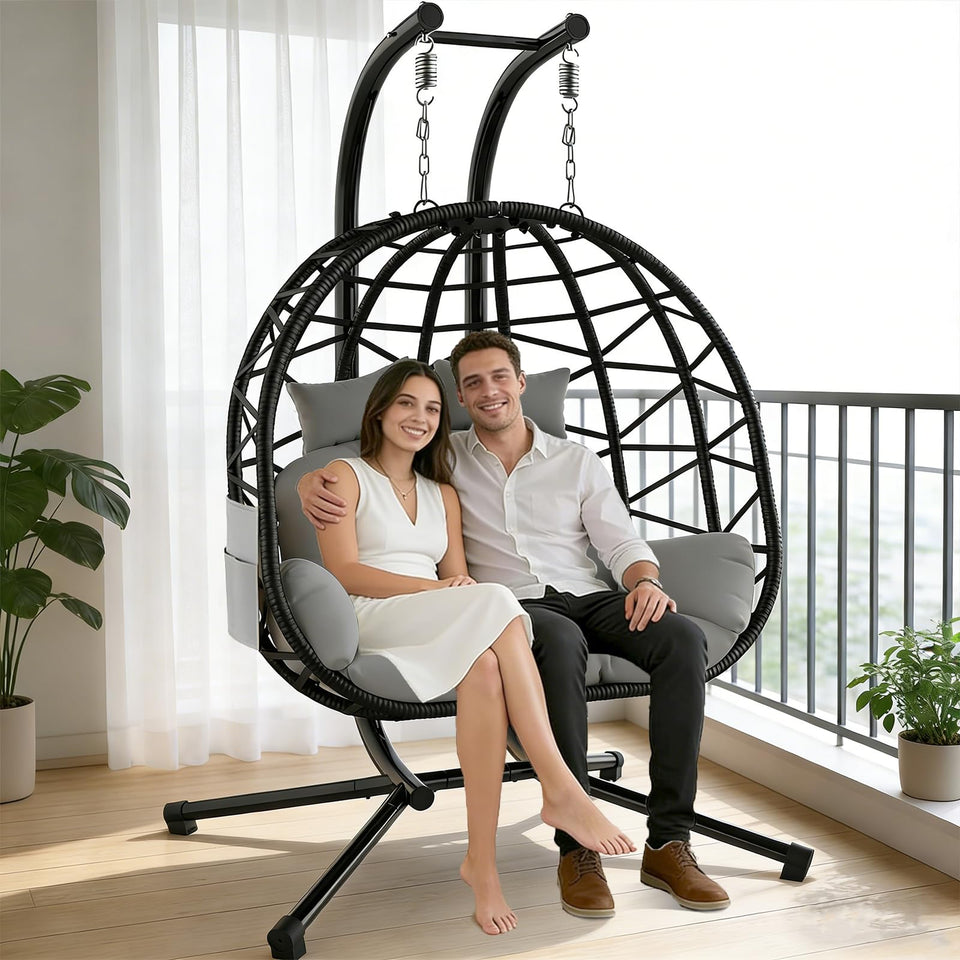Suteck double hanging egg chair with stand outdoors for two-person lounging
