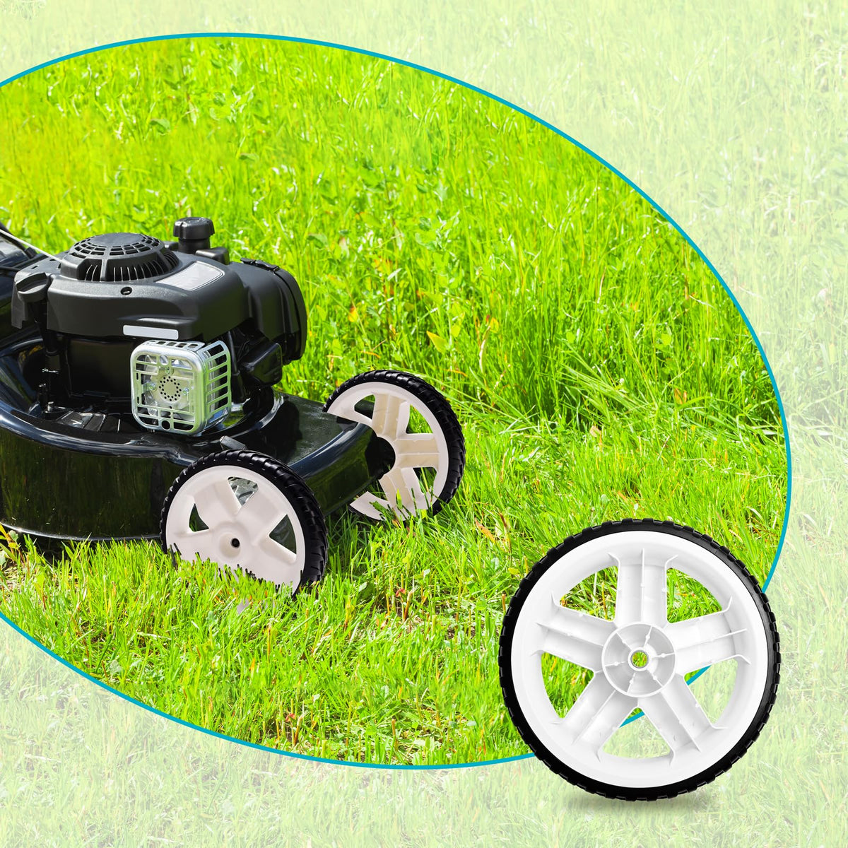 Sutmorly rubber tread rear wheel for better grip on lawns.