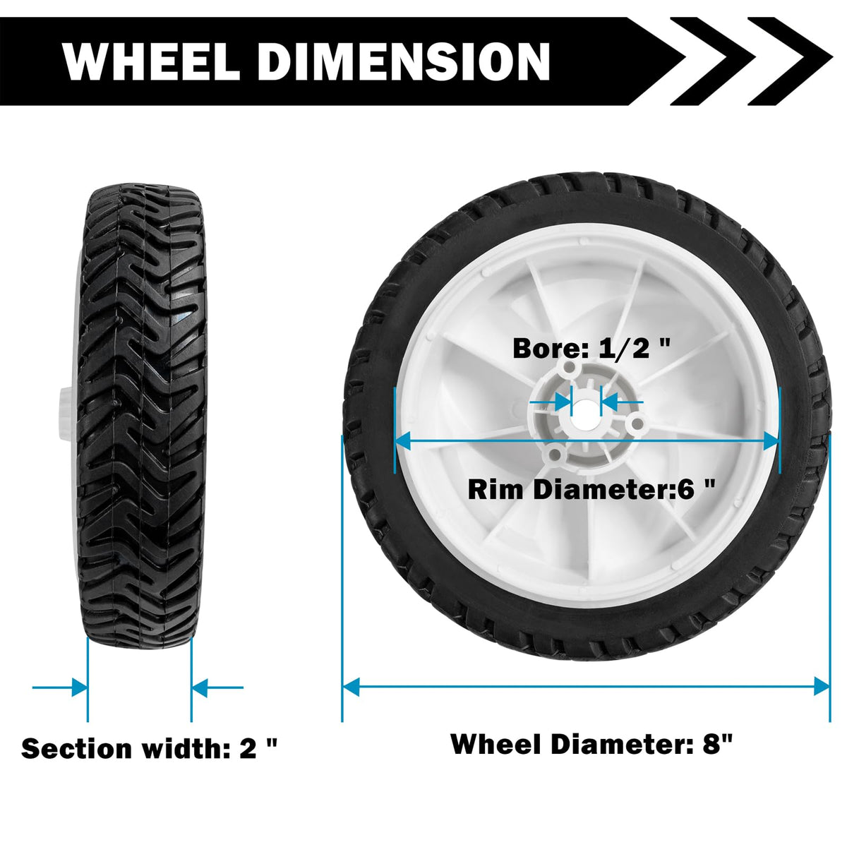 Front wheel assembly for Toro mower, 8 inches, easy bolt-on installation.